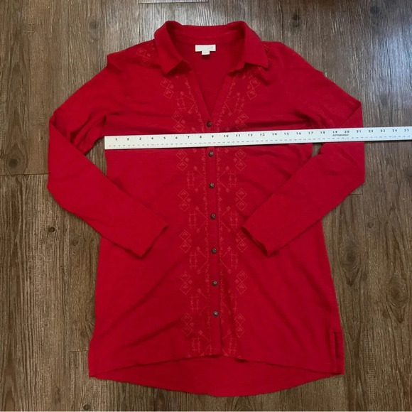 J. Jill Red Split Collar & Split Hem Long Sleeve Embroidered Cotton Tunic XS - Picture 7 of 8